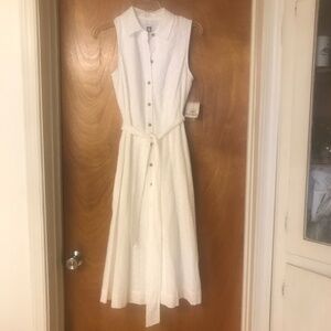 Anne Klein NWT White eyelet midi button down Belt dress